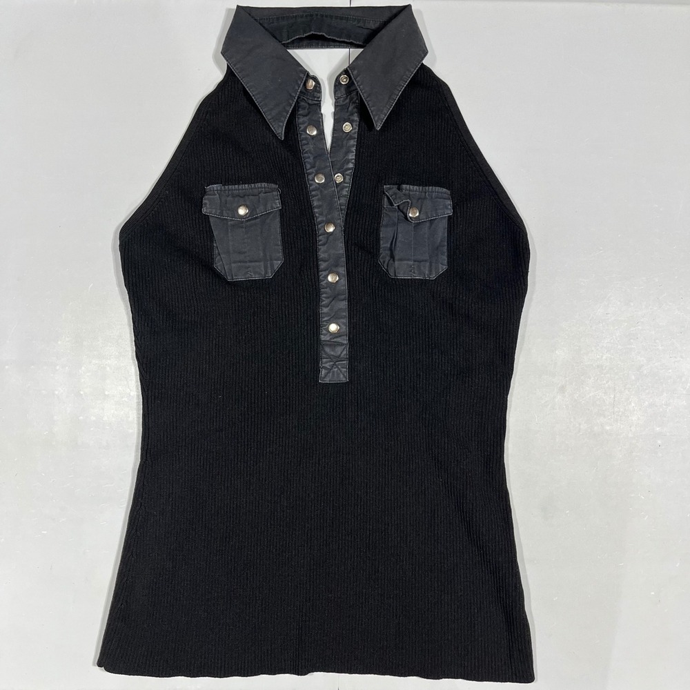 Cache VTG Y2K Ribbed Halter Top Black Collared Snap Front Womens Large 90s Twee